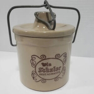 Vintage Win  Shuler Restaurant Wire Bale Stoneware Crock .